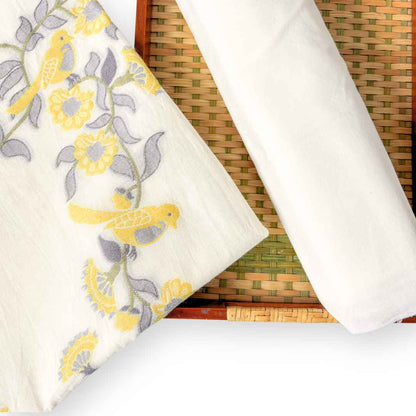 Woven Suit Set Unstitched Suit Off-White & Yellow Garden of Birds Woven Pure Cotton Kurta Fabric (2.5 Meters) | and Cotton Pyjama (2.5 Meters) | Unstitched Combo Set