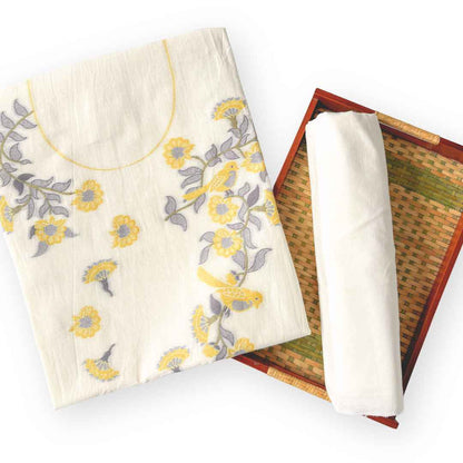 Woven Suit Set Unstitched Suit Off-White & Yellow Garden of Birds Woven Pure Cotton Kurta Fabric (2.5 Meters) | and Cotton Pyjama (2.5 Meters) | Unstitched Combo Set