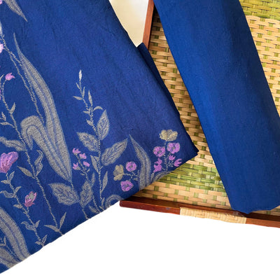 Woven Suit Set Unstitched Suit Royal Blue & Pink Wild Flowers Colors of Summer Linen Kurta Fabric (2.5 Meters) | and Cotton Pyjama (2.5 Meters) | Unstitched Combo Set