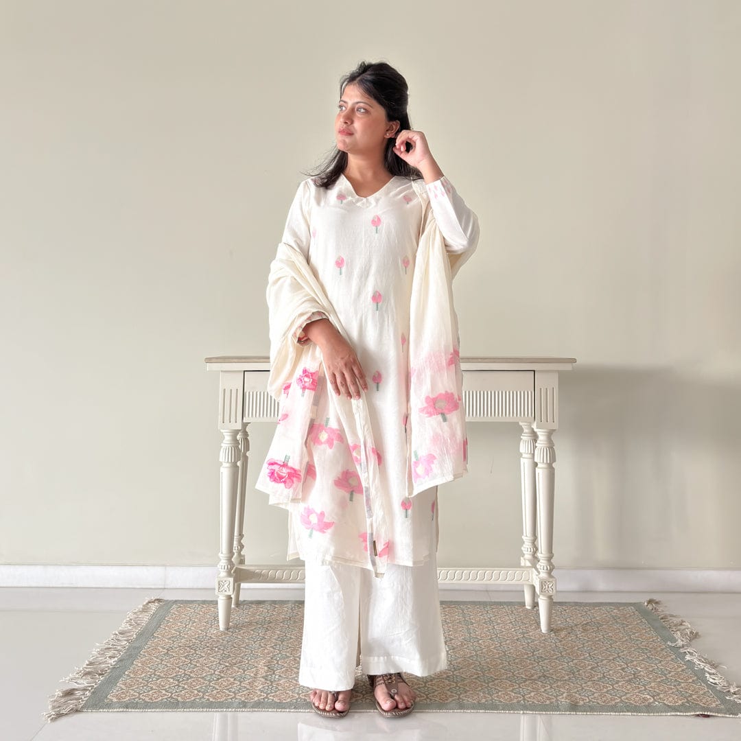 Woven Suit Set Unstitched Suit Soft-White & Pink The Sweet Lotus Jamdani Woven Pure Cotton Unstitched Suit Set