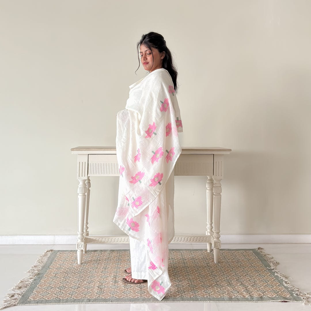 Woven Suit Set Unstitched Suit Soft-White & Pink The Sweet Lotus Jamdani Woven Pure Cotton Unstitched Suit Set