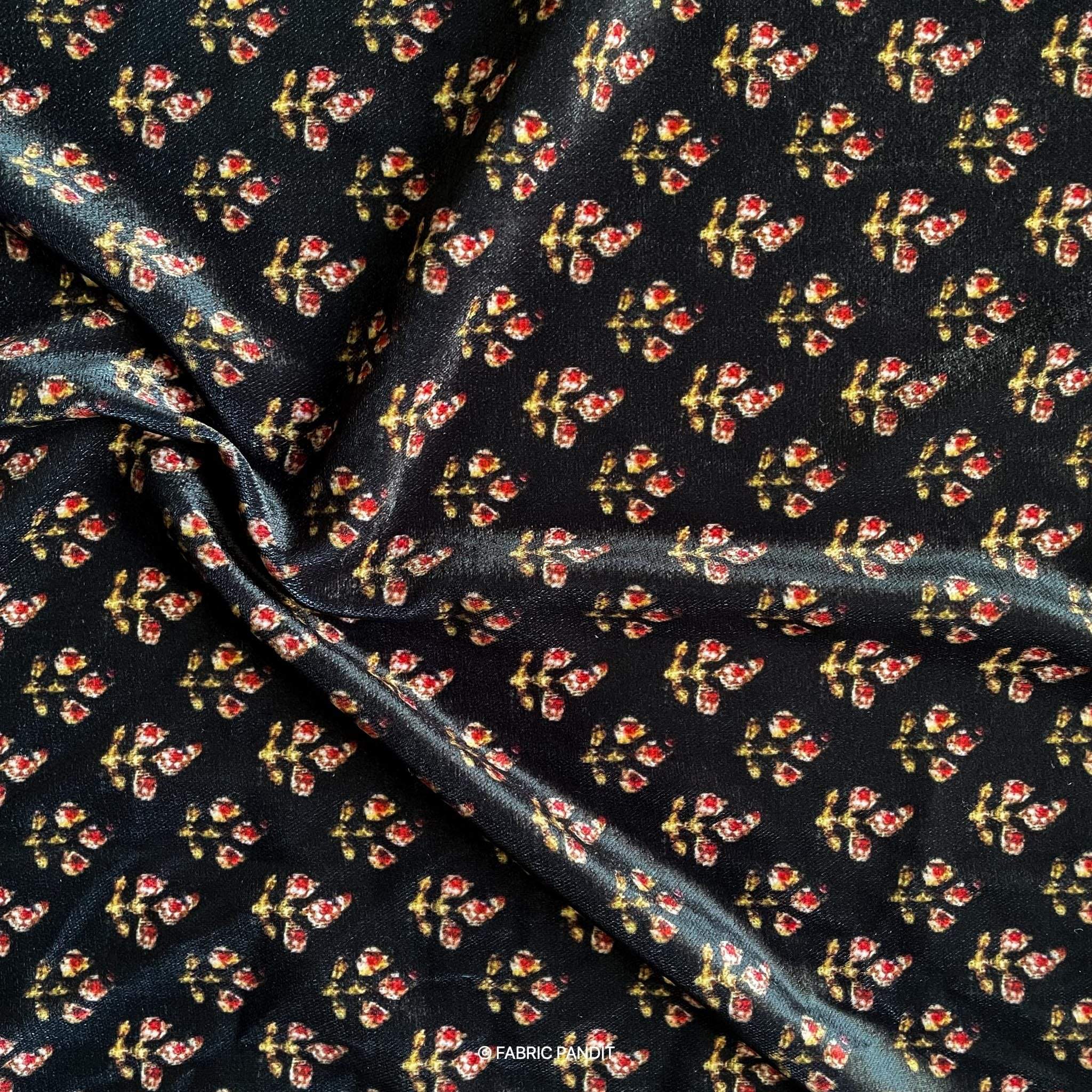 Black And Red Floral Ajrak Pattern Digital Print Pure Velvet Fabric (W Fabric Pandit