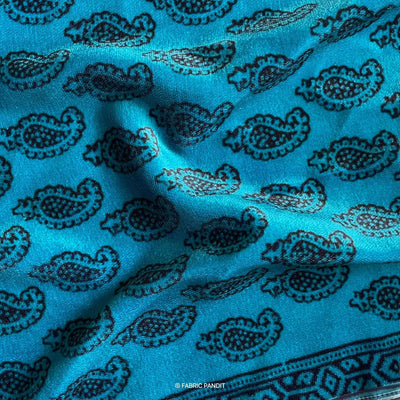 Fabric Pandit Blue and Black Paisley Bagh Digital Print Pure Velvet Fabric (Width 44 Inches)