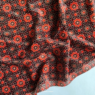 Fabric Pandit Brown And Orange Geometric Ajrak Digital Print Pure Velvet Fabric (Width 44 Inches)