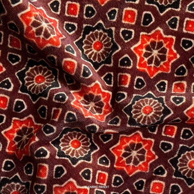 Fabric Pandit Brown And Orange Geometric Ajrak Digital Print Pure Velvet Fabric (Width 44 Inches)