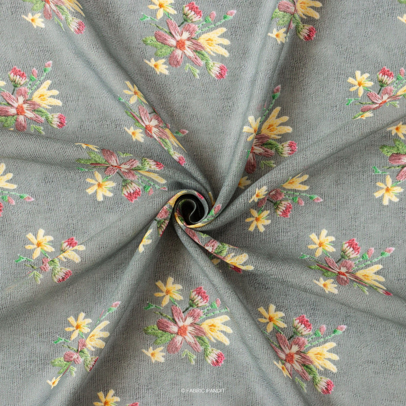 Fabric Pandit Cut Piece 0.25M (CUT PIECE) Grey and Yellow Flower Bunch Digital Printed Linen Neps Fabric (Width 44 Inches)