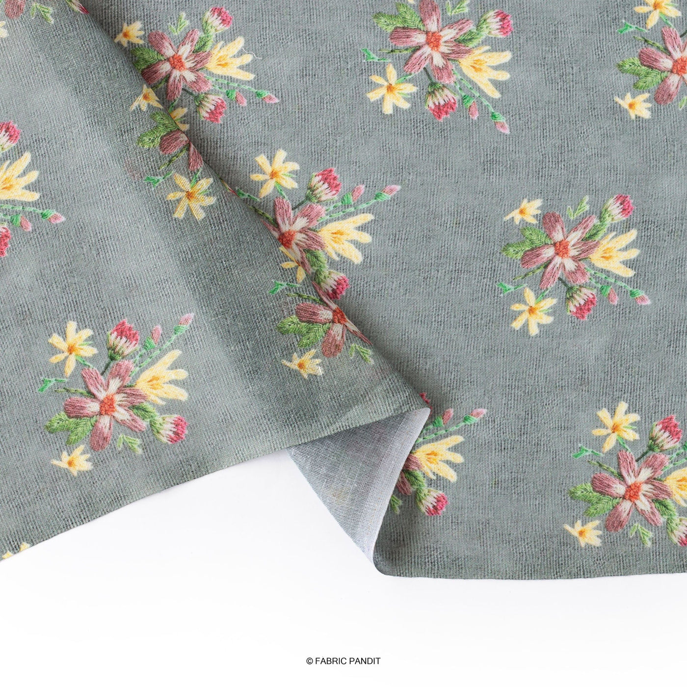 Fabric Pandit Cut Piece 0.25M (CUT PIECE) Grey and Yellow Flower Bunch Digital Printed Linen Neps Fabric (Width 44 Inches)