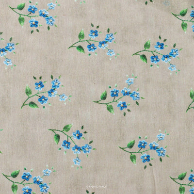 Fabric Pandit Cut Piece 0.25M (CUT PIECE) Khaki and Blue Flower Bunch Digital Printed Linen Neps Fabric (Width 44 Inches)