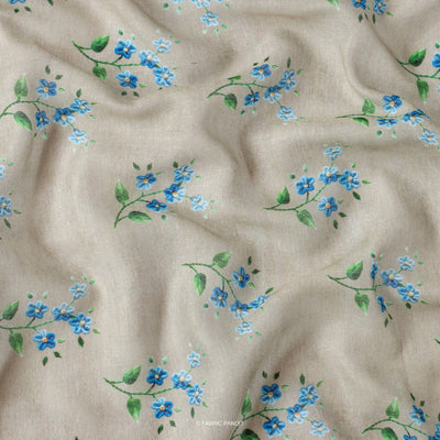 Fabric Pandit Cut Piece 0.25M (CUT PIECE) Khaki and Blue Flower Bunch Digital Printed Linen Neps Fabric (Width 44 Inches)