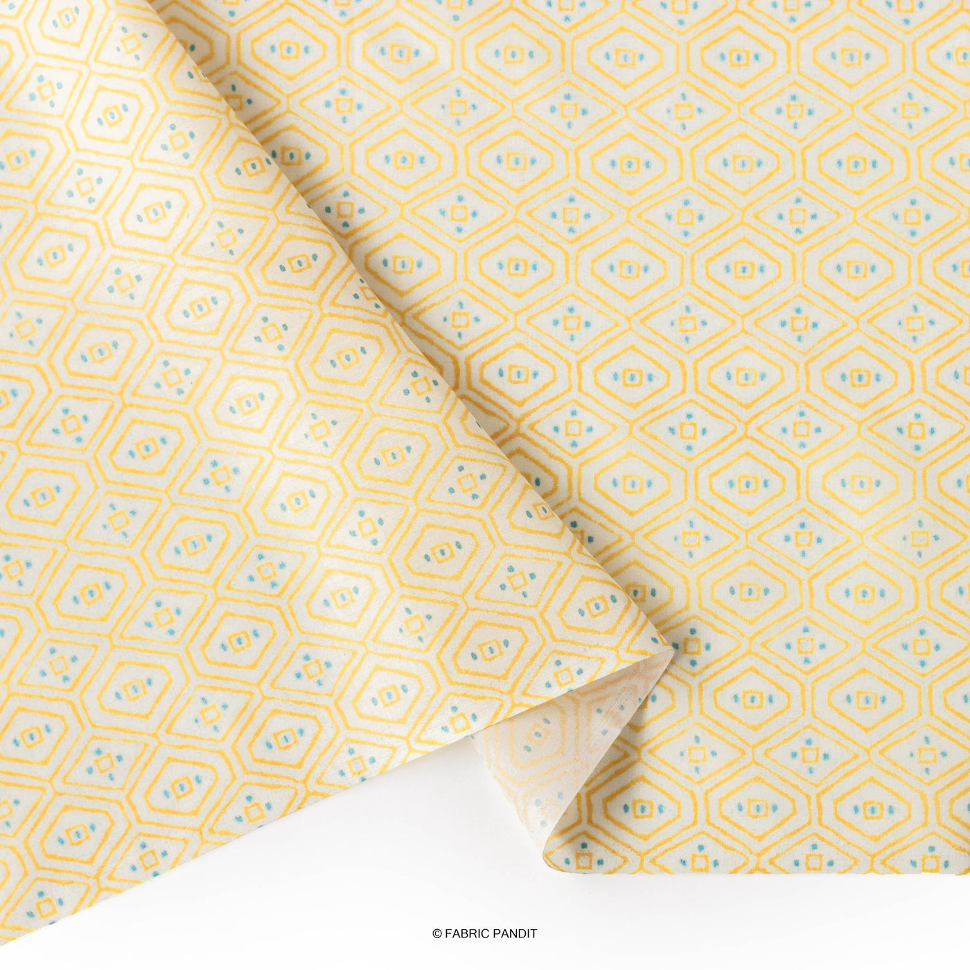Fabric Pandit Cut Piece 0.25M (CUT PIECE) Lemon Yellow Abstract Honey Comb Pattern Digital Printed Cambric Fabric (Width 43 Inches)