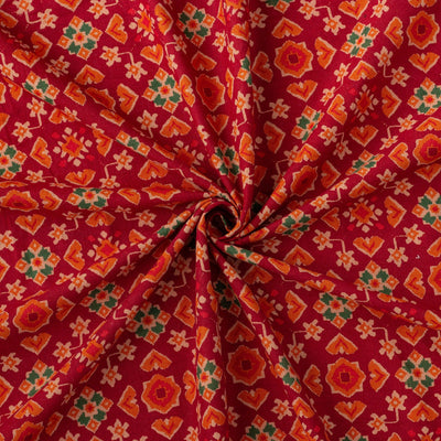 Fabric Pandit Cut Piece 0.25M (CUT PIECE) Maroon & Orange Phulkari Pattern Hand Block Printed Pure Cotton Silk Fabric (WIdth 42 Inches)
