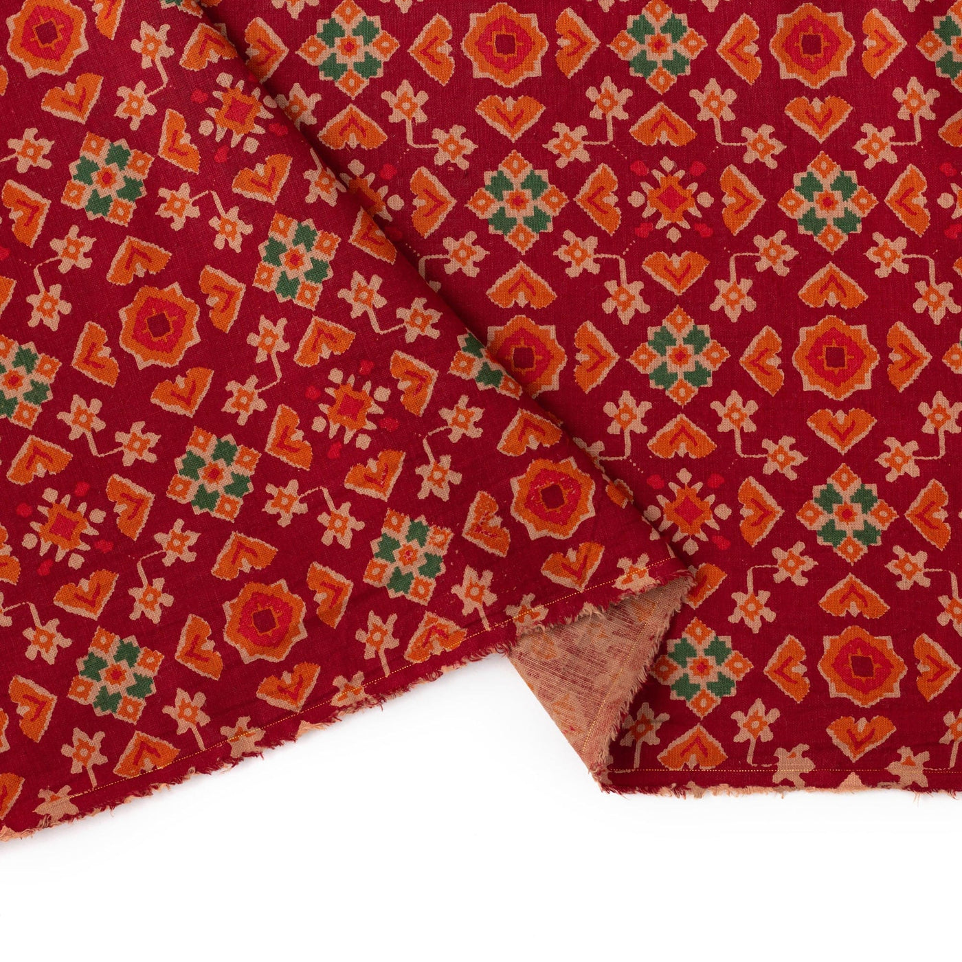 Fabric Pandit Cut Piece 0.25M (CUT PIECE) Maroon & Orange Phulkari Pattern Hand Block Printed Pure Cotton Silk Fabric (WIdth 42 Inches)