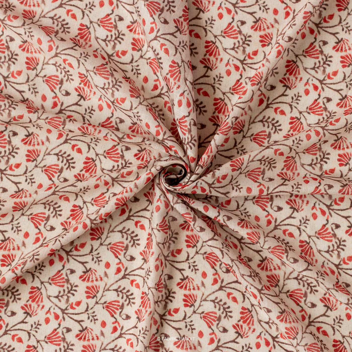 Fabric Pandit Cut Piece 0.25M (CUT PIECE) Red And Khaki Continuous Floral Pattern Digital Printed Linen Slub Fabric (Width 44 Inches)
