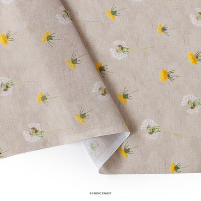 Fabric Pandit Cut Piece 0.25M (CUT PIECE) Yellow And White Pollen Flower Digital Printed Linen Neps Fabric (Width 44 Inches)