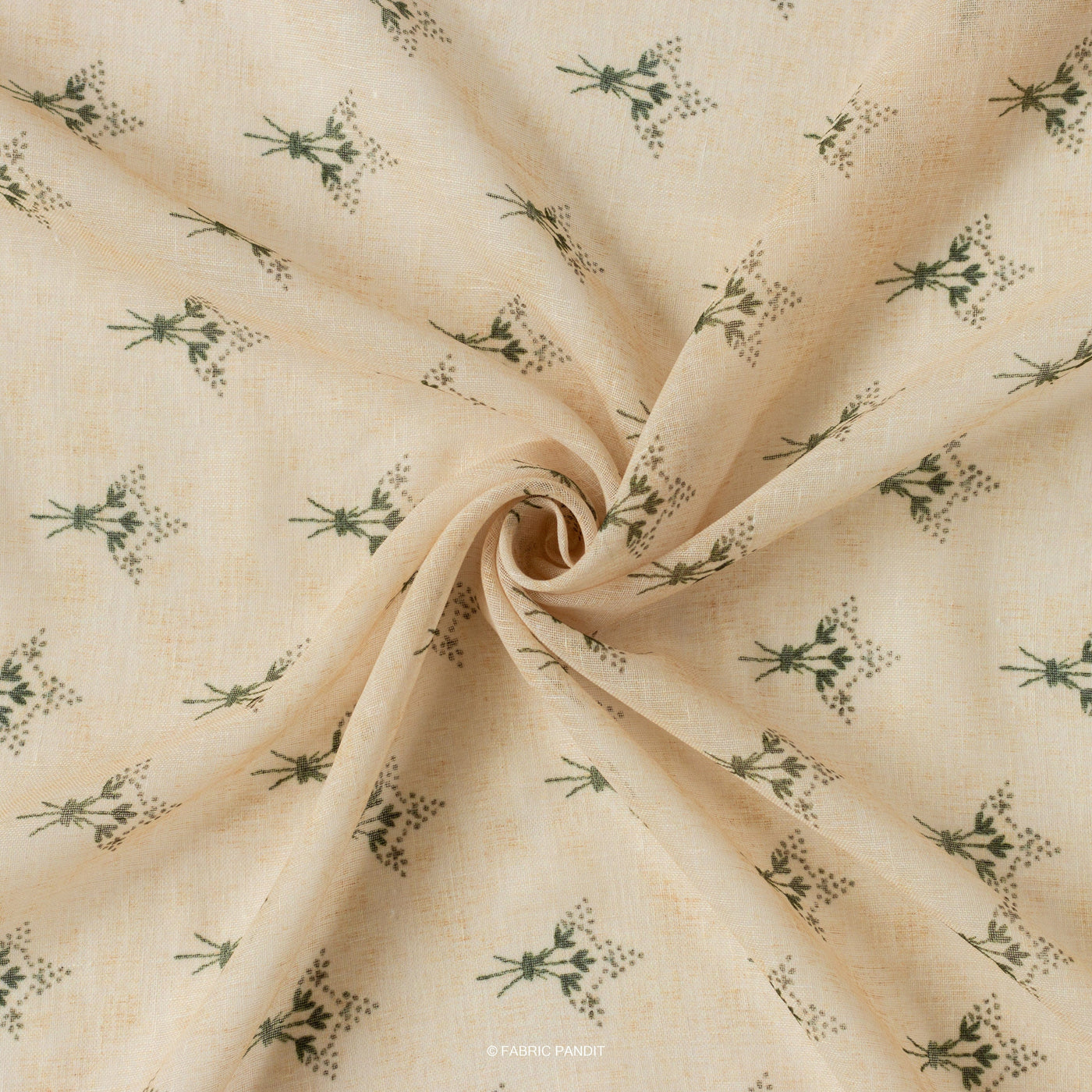 Fabric Pandit Cut Piece 0.50M (CUT PIECE) Beige And Green Flower Bunch Digital Printed Linen Neps Fabric (Width 44 Inches)