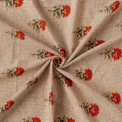 Fabric Pandit Cut Piece 0.50M (CUT PIECE) Beige and Orange Floral Woven Kantha Hand Block Printed Pure Cotton Fabric (WIdth 44 Inches)