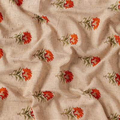 Fabric Pandit Cut Piece 0.50M (CUT PIECE) Beige and Orange Floral Woven Kantha Hand Block Printed Pure Cotton Fabric (WIdth 44 Inches)