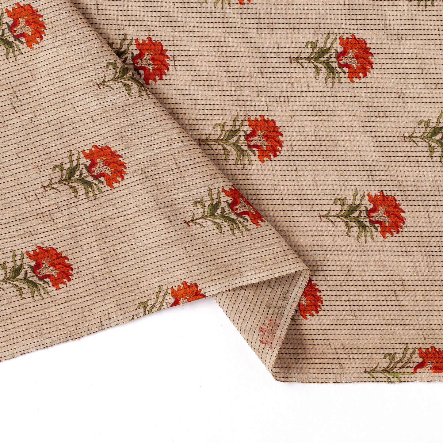 Fabric Pandit Cut Piece 0.50M (CUT PIECE) Beige and Orange Floral Woven Kantha Hand Block Printed Pure Cotton Fabric (WIdth 44 Inches)