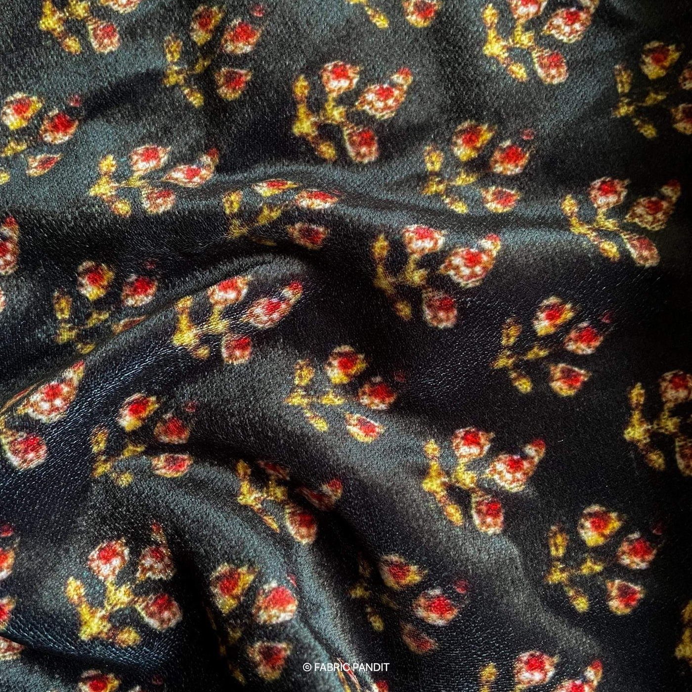 Fabric Pandit Cut Piece 0.50M (CUT PIECE) Black And Red Floral Ajrak Pattern Digital Print Pure Velvet Fabric (Width 44 Inches)