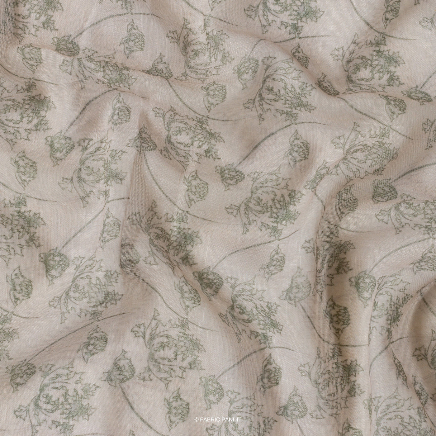 Fabric Pandit Cut Piece 0.50M (CUT PIECE) Dusty Beige And Green Dandelions Digital Printed Linen Neps Fabric (Width 44 Inches)