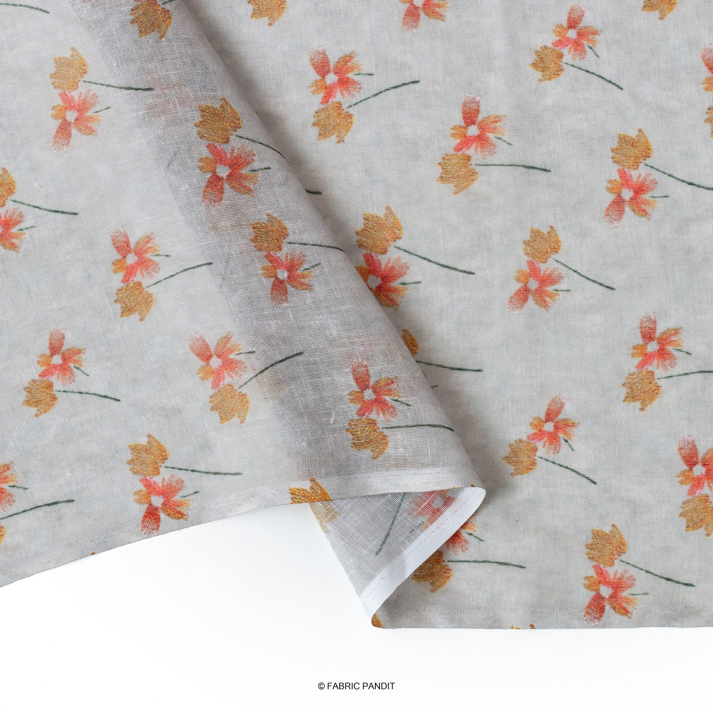 Fabric Pandit Cut Piece 0.50M (CUT PIECE) Grey And Orange Lilies Digital Printed Linen Neps Fabric (Width 44 Inches)