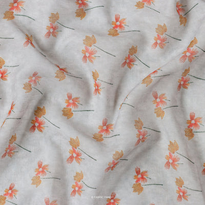 Fabric Pandit Cut Piece 0.50M (CUT PIECE) Grey And Orange Lilies Digital Printed Linen Neps Fabric (Width 44 Inches)