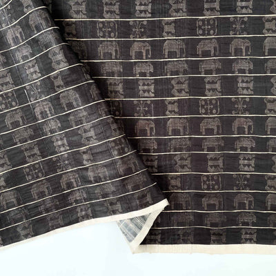 Fabric Pandit Cut Piece (CUT PIECE) Beige & Black Royal Elephants Digital Printed Tussar Silk Fabric (Width 44 Inches)