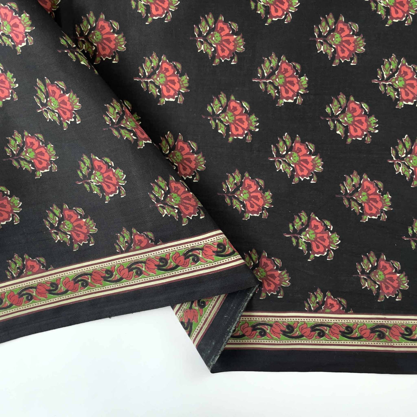 Fabric Pandit Cut Piece (CUT PIECE) Black and Peach Egyptian Floral Hand Block Printed Pure Cotton Fabric Width (43 inches)