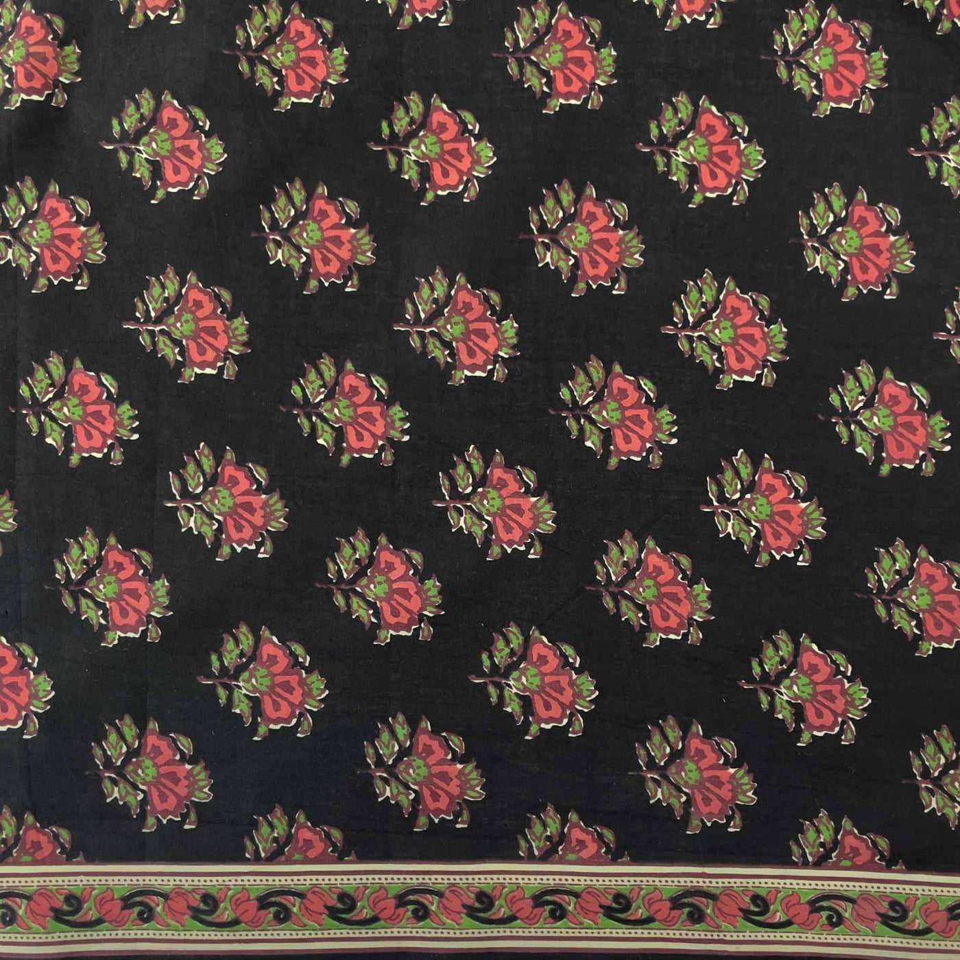 Fabric Pandit Cut Piece (CUT PIECE) Black and Peach Egyptian Floral Hand Block Printed Pure Cotton Fabric Width (43 inches)