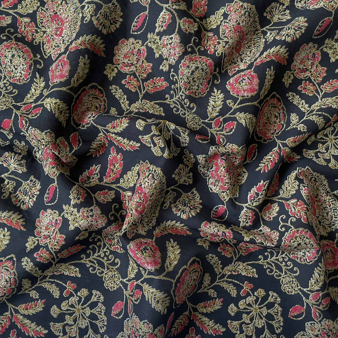 Fabric Pandit Cut Piece (CUT PIECE) Black and Red Wild Flowers Hand Block Printed Pure Cotton Fabric Width (43 inches)