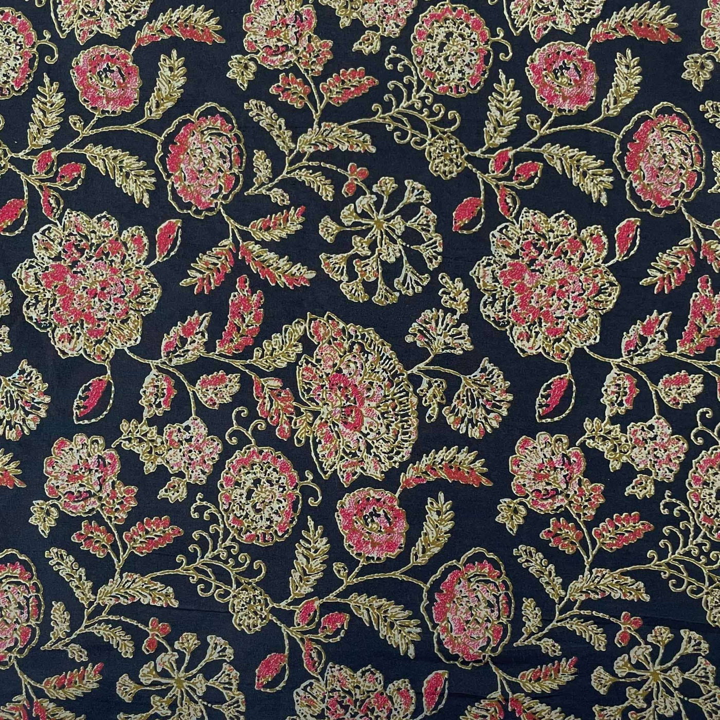 Fabric Pandit Cut Piece (CUT PIECE) Black and Red Wild Flowers Hand Block Printed Pure Cotton Fabric Width (43 inches)