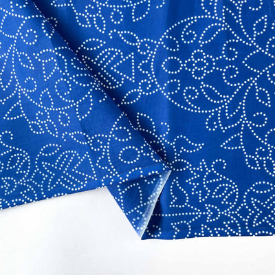 Fabric Pandit Cut Piece (Cut Piece) Bright Blue Floral Vines All Over Bandhani Pattern Hand Block Printed Pure Cotton Fabric Width (43 inches)
