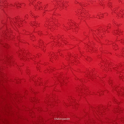 Fabric Pandit Cut Piece (Cut Piece) Bright Red Monochrome Floral Vines Hand Block Printed Pure Cotton Fabric (Width 43 inches)