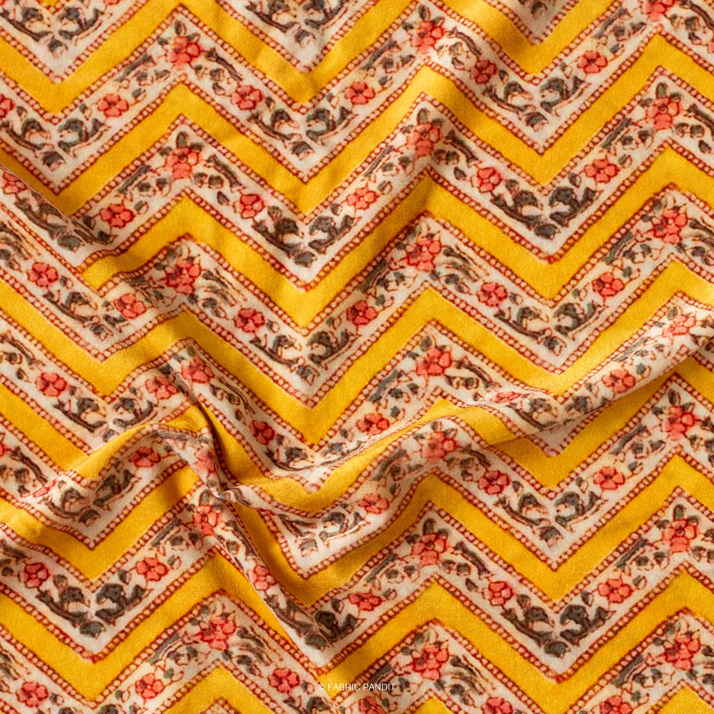Fabric Pandit Cut Piece (CUT PIECE) Classic Yellow Phulkari Floral Stripes Pattern Digital Print Pure Velvet Fabric (Width 44 Inches)