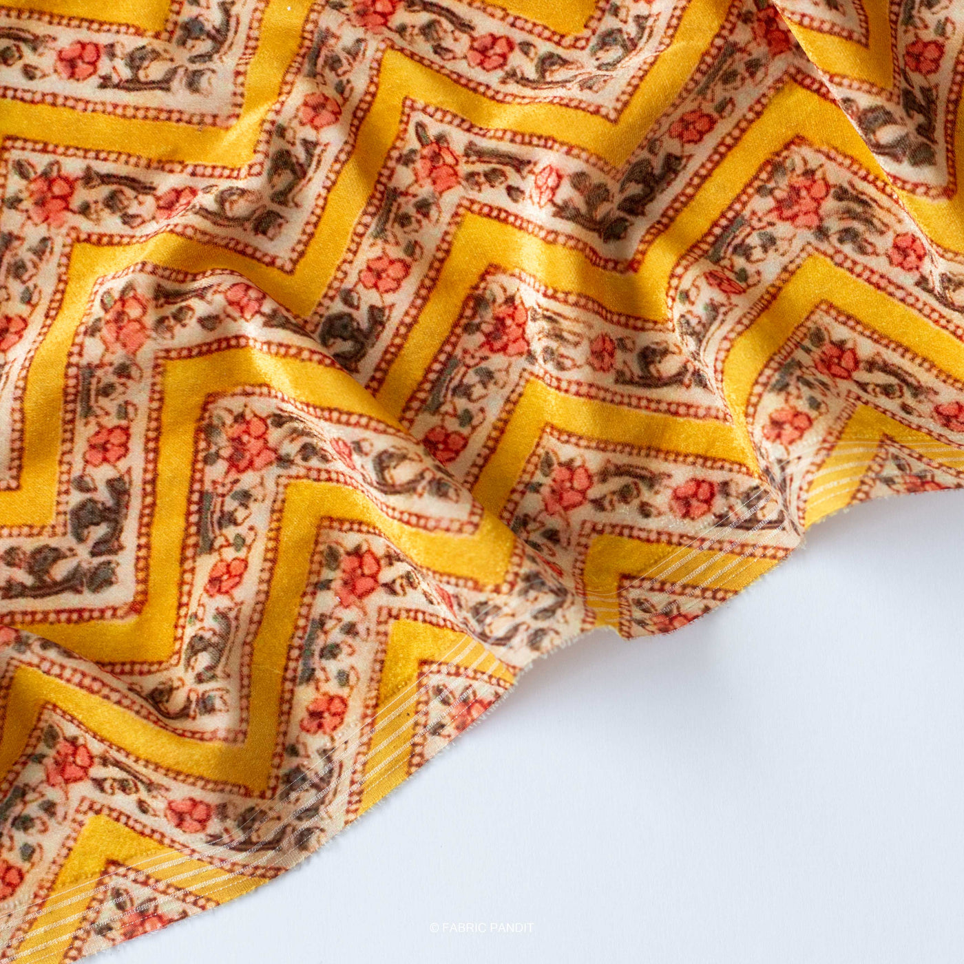 Fabric Pandit Cut Piece (CUT PIECE) Classic Yellow Phulkari Floral Stripes Pattern Digital Print Pure Velvet Fabric (Width 44 Inches)
