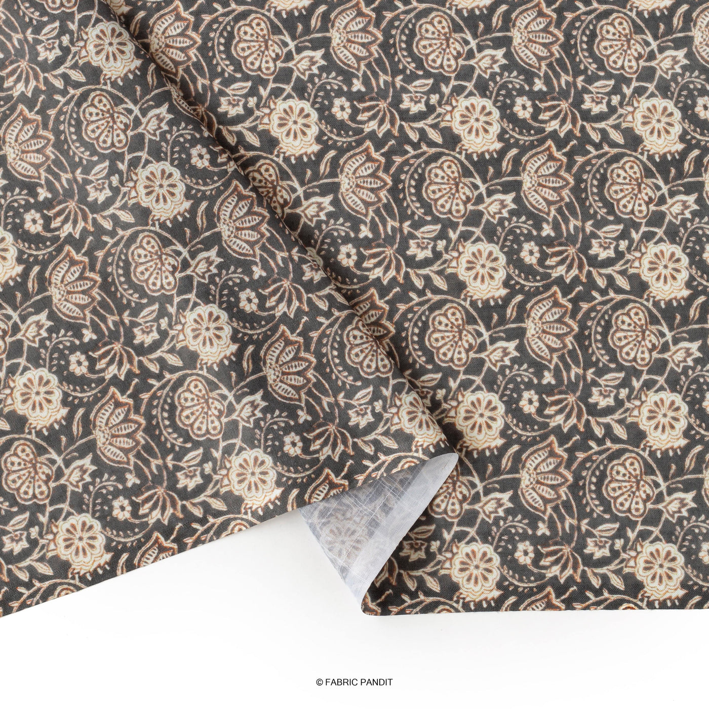 Fabric Pandit Cut Piece (CUT PIECE) Coffee Brown And Beige Continuous Floral Pattern Digital Printed Linen Slub Fabric (Width 44 Inches)
