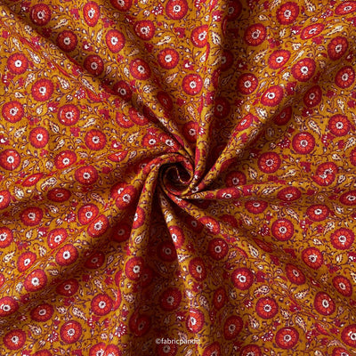 Fabric Pandit Cut Piece (Cut Piece) Deep Mustard & Red Mediterranean Floral Hand Block Printed Pure Cotton Silk Fabric (Width 42 Inches)