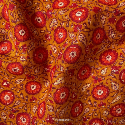 Fabric Pandit Cut Piece (Cut Piece) Deep Mustard & Red Mediterranean Floral Hand Block Printed Pure Cotton Silk Fabric (Width 42 Inches)