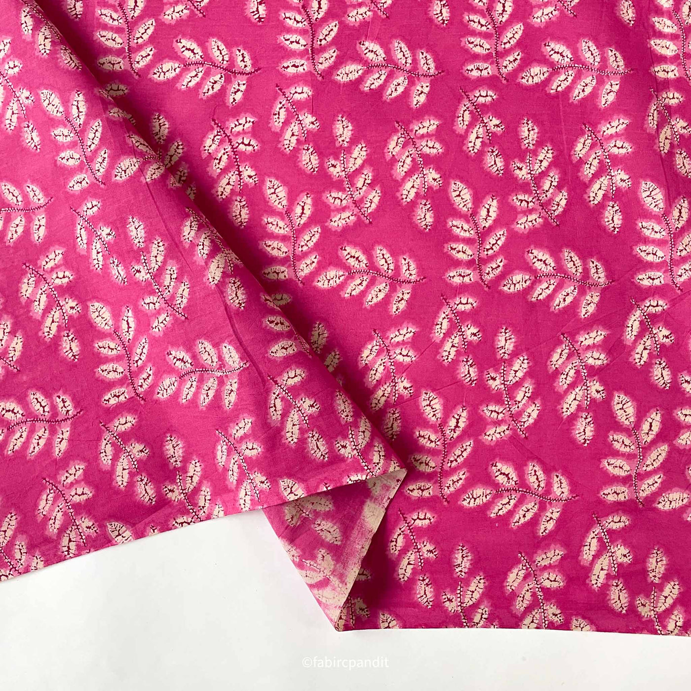 Fabric Pandit Cut Piece (Cut Piece) Deep Pink and Cream Leaves and Petals All Over Hand Block Printed Pure Cotton Fabric (Width 43 inches)
