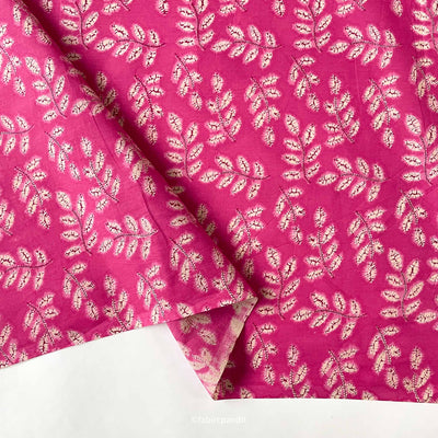 Fabric Pandit Cut Piece (Cut Piece) Deep Pink and Cream Leaves and Petals All Over Hand Block Printed Pure Cotton Fabric (Width 43 inches)