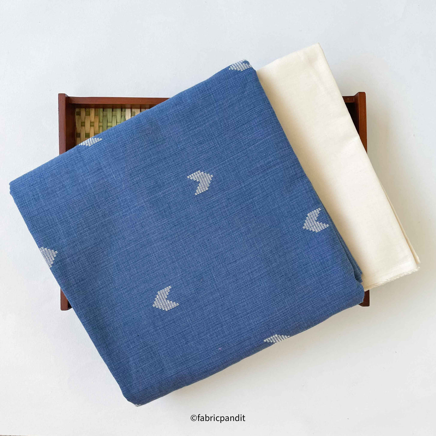 Fabric Pandit Cut Piece (CUT PIECE) Denim Blue & Off - White Geomrtric Jamdani Woven Pure Cotton Fabric