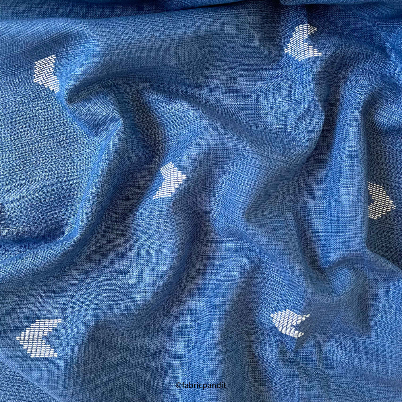 Fabric Pandit Cut Piece (CUT PIECE) Denim Blue & Off - White Geomrtric Jamdani Woven Pure Cotton Fabric