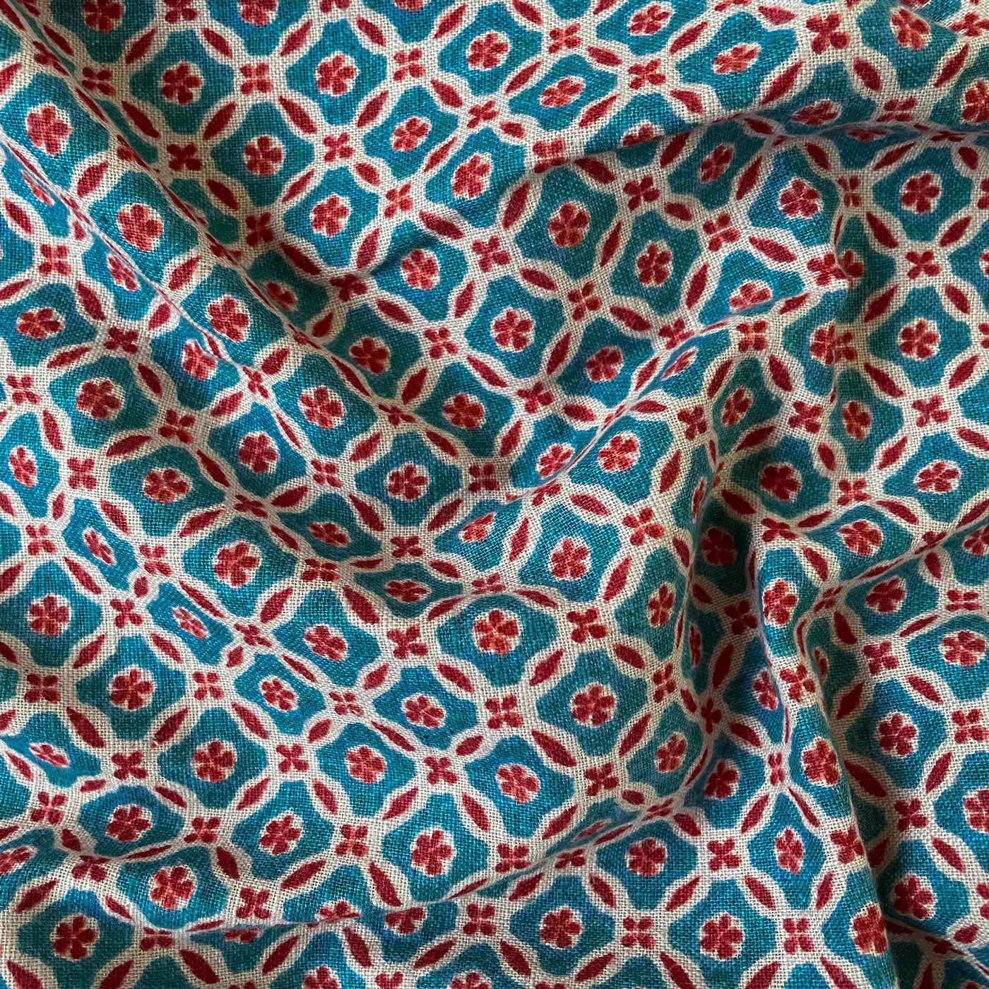 Fabric Pandit Cut Piece (CUT PIECE) Dusty Blue & Maroon Vintage Floral Jaal Hand Block Printed Pure Cotton Silk Fabric (Width 42 Inches)