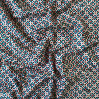 Fabric Pandit Cut Piece (CUT PIECE) Dusty Blue & Maroon Vintage Floral Jaal Hand Block Printed Pure Cotton Silk Fabric (Width 42 Inches)