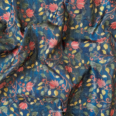 Fabric Pandit Cut Piece (CUT PIECE) Dusty Blue & Yellow Kalamkari Digital Printed Tussar Silk Fabric (Width 44 Inches)