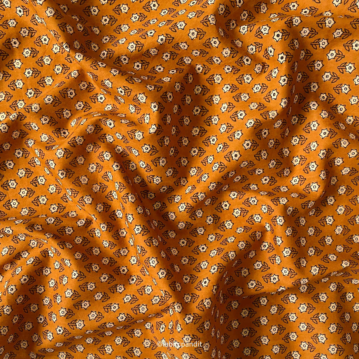 Fabric Pandit Cut Piece (CUT PIECE) Dusty Mustard Geometric Floral Hand Block Printed Pure Cotton Fabric (Width 43 inches)