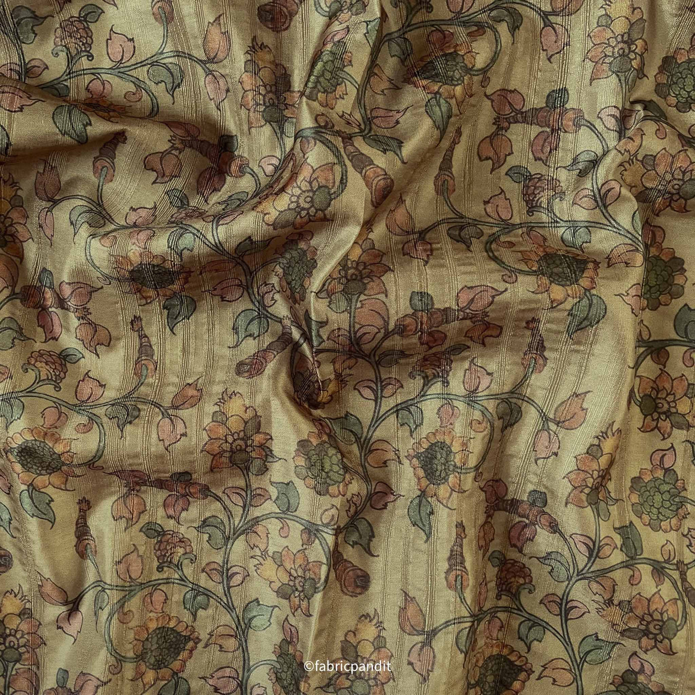 Fabric Pandit Cut Piece (CUT PIECE) Dusty Olive Green Kalamkari Digital Printed Tussar Silk Fabric (Width 44 Inches)