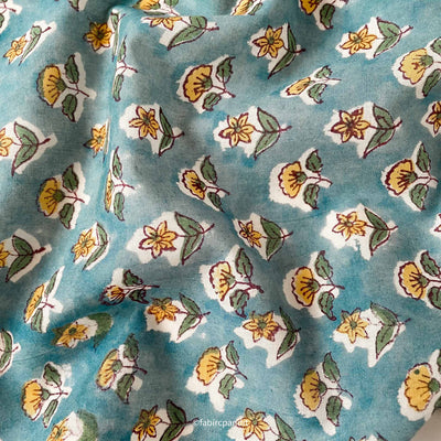 Fabric Pandit Cut Piece (Cut Piece) English Blue and Yellow Mughal Flower Pattern Hand Block Printed Pure Cotton Fabric (Width 43 inches)