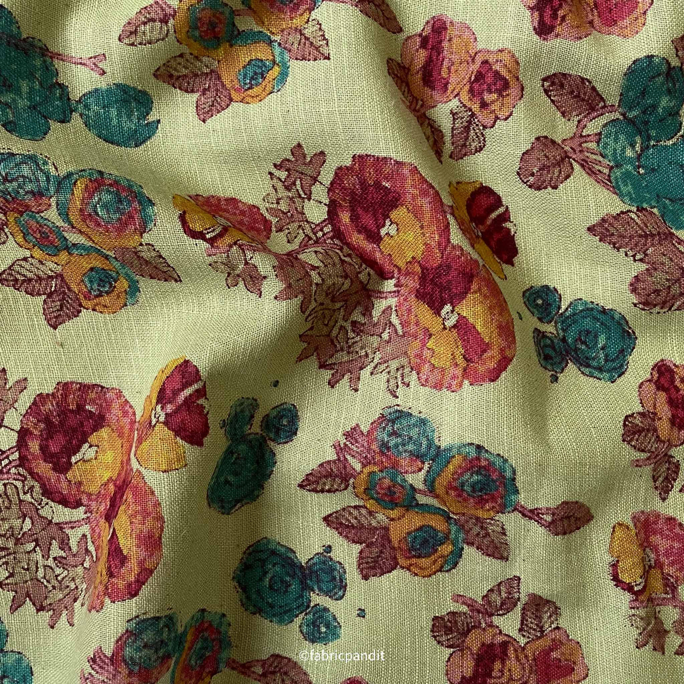 Fabric Pandit Cut Piece (Cut Piece) English Green & Maroon Victorian Flora Hand Block Printed Pure Cotton Silk Fabric (Width 42 Inches)