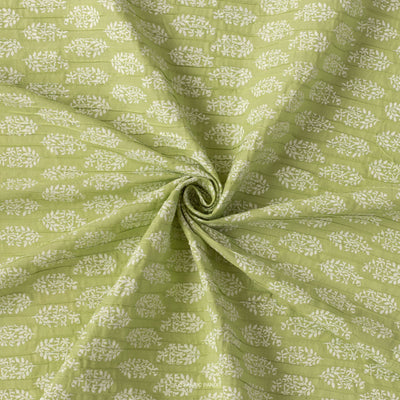 Fabric Pandit Cut Piece (CUT PIECE) Green And White Flower Bunch With Pintuck Screen Printed Embroidered Pure Cotton Fabric (Width 31 Inches)